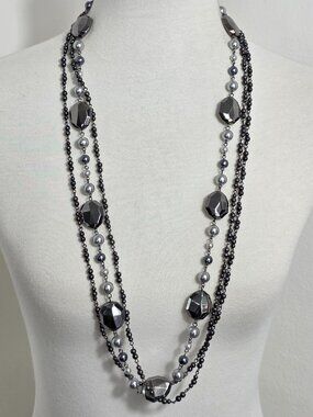 Premier Designs Multi-Strand Necklace Black Faceted Beads & Gray Faux Pearls